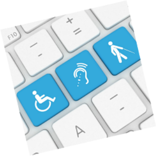 Ilustração de teclas de computador com imagens de cadeira de rodas, um ouvido com aparelho auditivo e um boneco com bengala