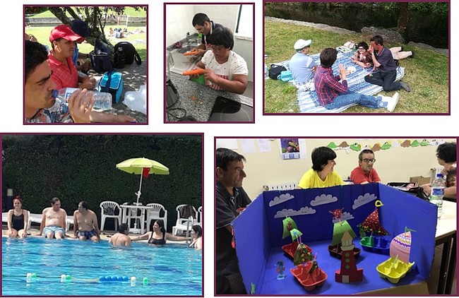 Clientes do CAARPD fazem atividades em espaços verdes e piscina, e trabalhos manuais em sala