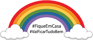 Desenho de arco-íris com a mensagem "Fique em casa. Vai ficar tudo bem"