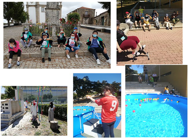 Clientes do CAARPD realizam atividades ao ar livre, como piscina, caminhadas e atividades lúdicas em contacto com a natureza