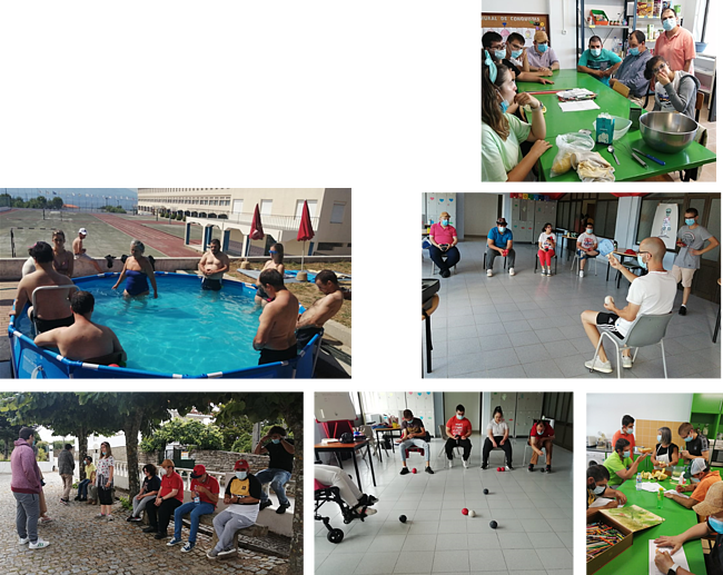 Clientes do CAARPD a realizar atividades diversas, como piscina, boccia, caminhadas e cozinha