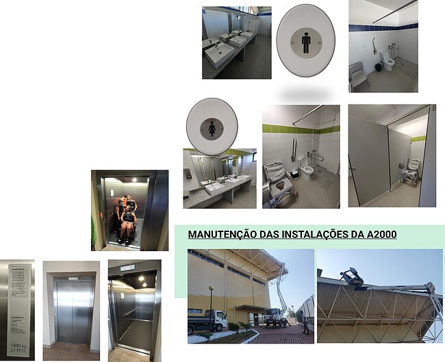 Imagens de obras na sede da A2000, como a reparação da cobertura do pavilhão gimnodesportivo, a construção de casas de banho adaptadas a pessoas com mobilidade reduzida e a construção de um elevador