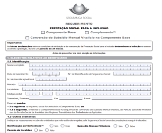 Imagem de formulário de candidatura a Prestação Social para a Inclusão